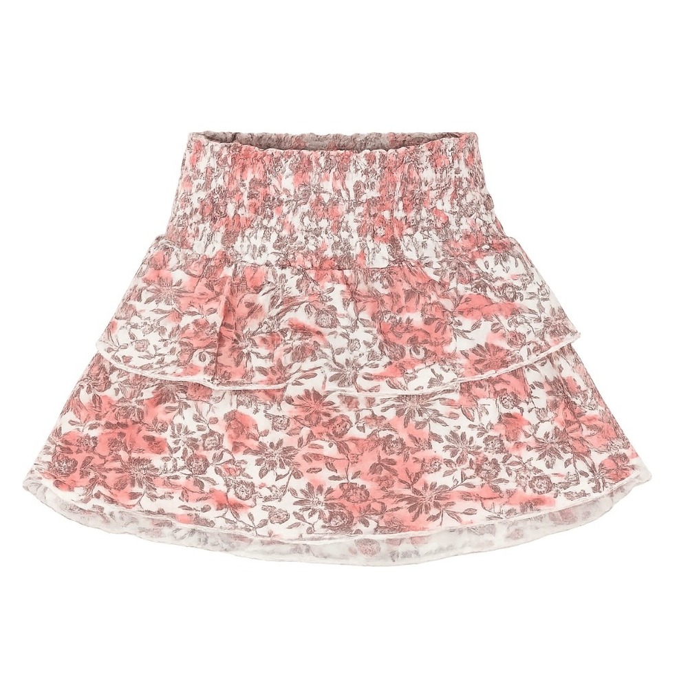 Aeropostale Womens XS Smocked Floral Tiered Mini Skirt Pink Brown Ruffle Boho